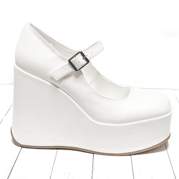 New White Platform Mary Jane Wedge Heel Pumps - Picture 4 of 5